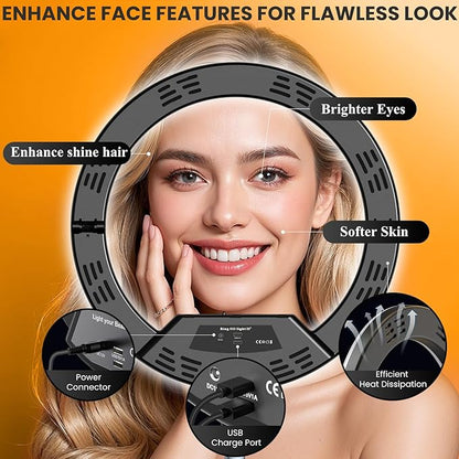 22" Large Ring Light with Stand, Upgraded Foldable LED Big Ringlight with 75" Tripod & Mini Tripod Wheel Tray for Live Tattoo Makeup Video Recording Barber Photography