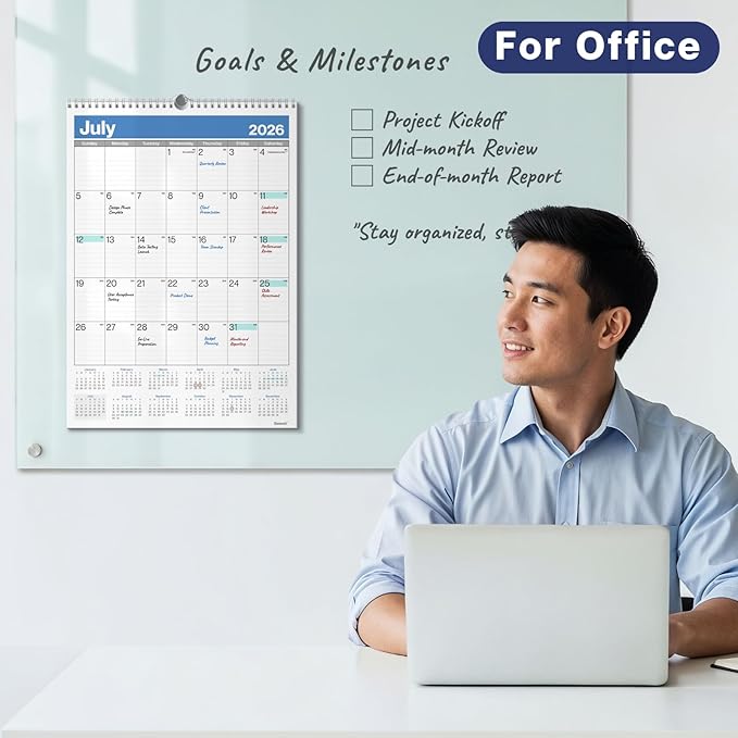 Dunwell 2026 Large Wall Calendar 12x17, Blue, Big Grid 12 x 17 Hanging Monthly Calendar with Large Daily Blocks, Premium Paper, Jan–Dec 2026