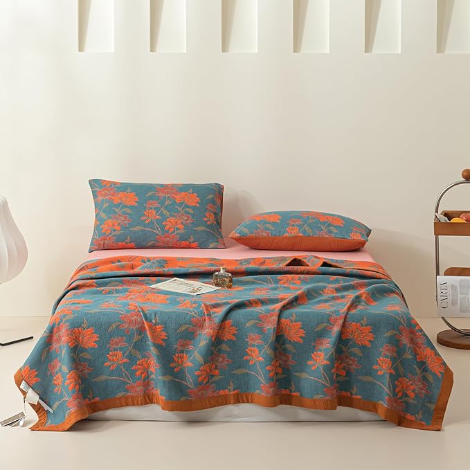 100% Cotton Muslin Blanket Jacquard Floral Flowers Bloosom Print Quilt, Soft Bed Cover Reversible Bedspread Coverlet Breathable Lightweight Bedding Full/Queen(78"x94"), No Pillow Sham