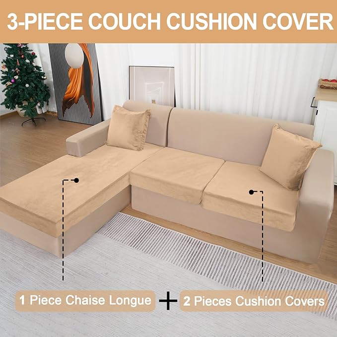 Sectional Couch Covers for 3-Piece Seat Cushion Velvet Separate L Shape Couch Cover Stretch Sofa Slipcover with 2 Pieces Pillowcases Furniture Protector (Sofa 2 Seater + 1 Chaise, Camel)
