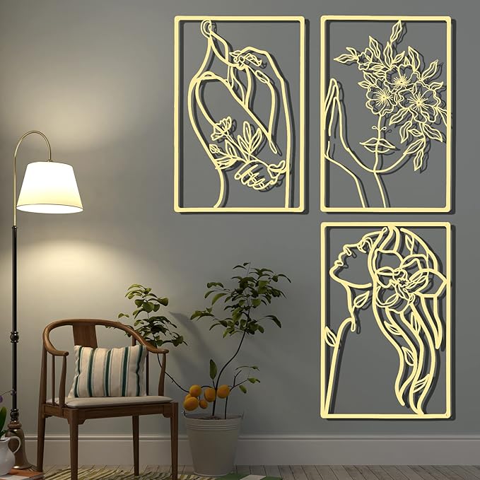 CHENGU 3 Pieces Gold Wall Decor Minimalist Wall Art Metal Line Wall Art Wall Decor for Bedroom Single Line Female for Kitchen Bathroom Living Room(Flower)