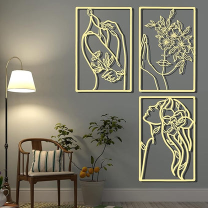 CHENGU 3 Pieces Gold Wall Decor Minimalist Wall Art Metal Line Wall Art Wall Decor for Bedroom Single Line Female for Kitchen Bathroom Living Room(Flower)