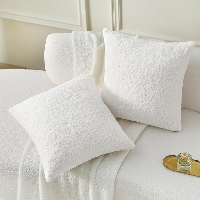 FUTEI Cream White Throw Pillow Covers 16x16 Inch Set of 2,Furry Faux Fur Teddy Boucle Textured Cushion Covers,Soft Fluffy Decorative Pillow Case,Home Decor for Couch Bed Living Room Office Car