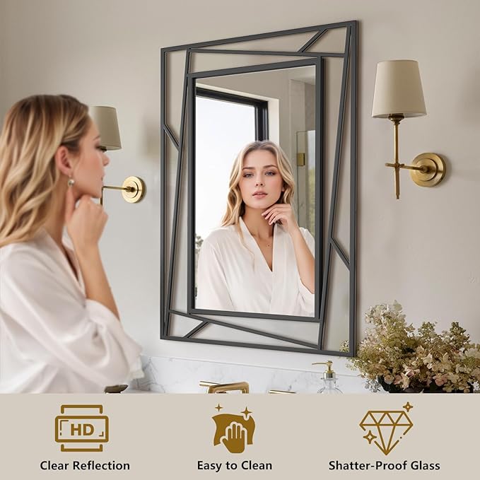 Rectangular Wall Mirror, 28''X20'' Matte Black Metal Framed Farmhouse Bathroom Mirrors for Bedroom Entryway Living Room, Hang Horizontally or Vertically