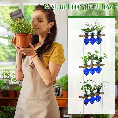 Leinuosen Wall Hanging Plant Propagation Stations 3 Tiered Planter Terrarium with Wooden Stand Home Decor Valentines Gifts for Her Hydroponics Plant Lovers - 9 Glass Vases(Heart Shaped,Blue)
