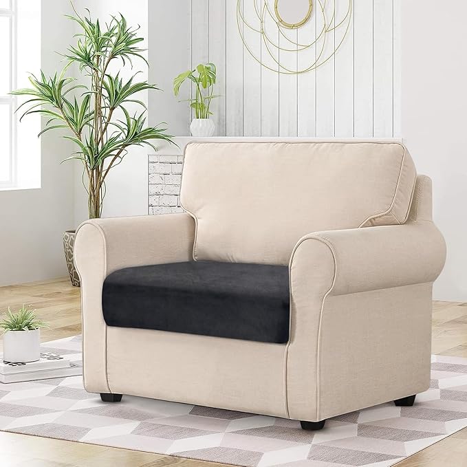 Couch Cushion Cover Velvet 1 Piece Seat Cushion Cover Stretch Armchair Cover Separate Sectional Sofa Slipcovers Furniture Protector (1-Seater or Sofa Backrest, Black)