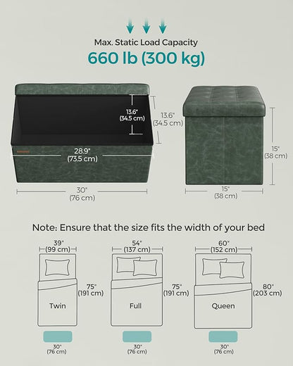 SONGMICS Mazie Collection - 30 Inches Folding Storage Ottoman Bench, Ottoman with Storage, Foot Rest Stool, Load 660 lb, for Living Room, Synthetic Leather, Forest Green ULSF040C01
