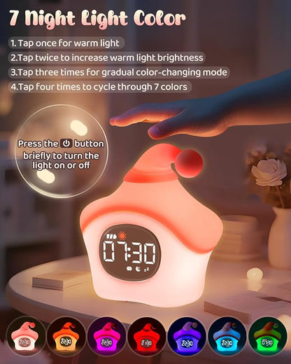 Star Alarm Clock with Night Light for Kids with Sleep Training and Sound Machine, Rechargeable Silicone Lamp OK to Wake Clock，Cute Animal Tabletop Lamp, Perfect Sleep Companion for Boys Girls, Pink