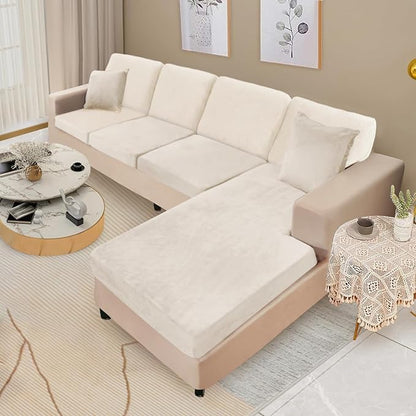 NAISI Sectional Couch Covers 8 Pieces Velvet Couch Cushion Covers L Shape Soft Stretch Sofa Slipcovers with 2pcs Pillowcases for Left/Right Chaise Sectional Couch(3 Seater+1 Chaise+4 Back,Beige)