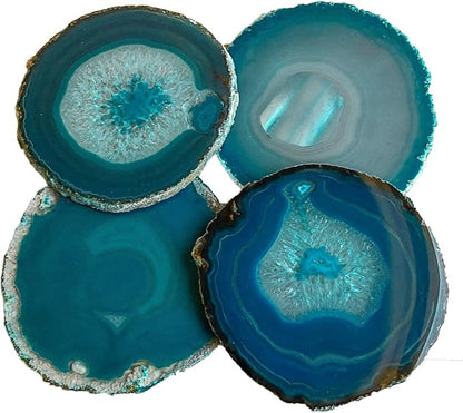 AMOYSTONE Teal Agate Coasters Set of 4, 3-3.5 Inch Handcrafted Slices, Lightweight Stone Coasters, for Teen Girl, College Dorm Room Decor