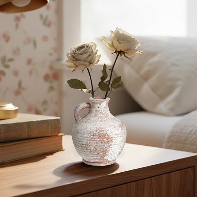 Sunddo 6 inch Rustic Ceramic Flowers Vase, Terracotta Pottery Small Vase with Handle, Farmhouse Decor,Table, Living Room, Bathroom, Shelf, Mantel Decor Brown