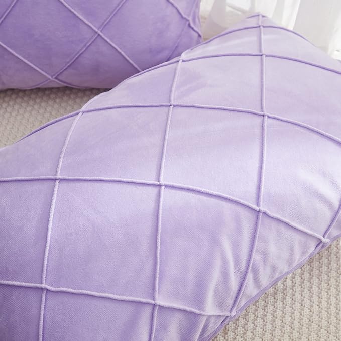 JAUXIO Diamond Pinch Pleated Crystal Velvet Pillowcases 2 Pack Solid Pintuck Throw Cushion Cover for Home Decor Hidden Zipper Closure (Lilac, Standard)