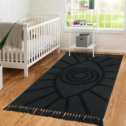 Uphome Boho Area Rug 4'x6' Washable Evil Eye Tufted Living Room Rug with Tassels Soft Cotton Woven Nursery Rug Farmhouse Aesthetic Dark Gray Indoor Carpet for Home Kitchen Dining Room Bedroom