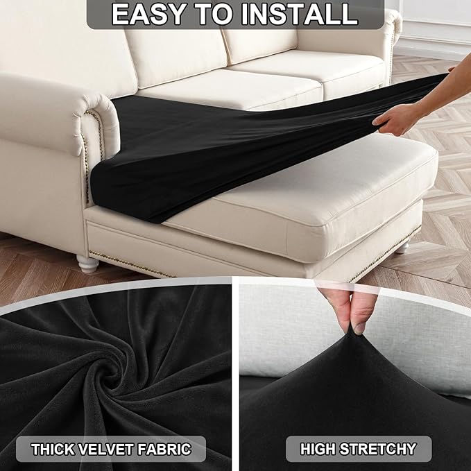 NAISI Waterproof Couch Cushion Covers Thick Velvet Fabric Washable Sofa Slipcovers Sectional Couch Covers for 4 Pieces Separate L Shape Couch Cover with Elastic Bottom(3 Seater + 1 Chaise,Black)