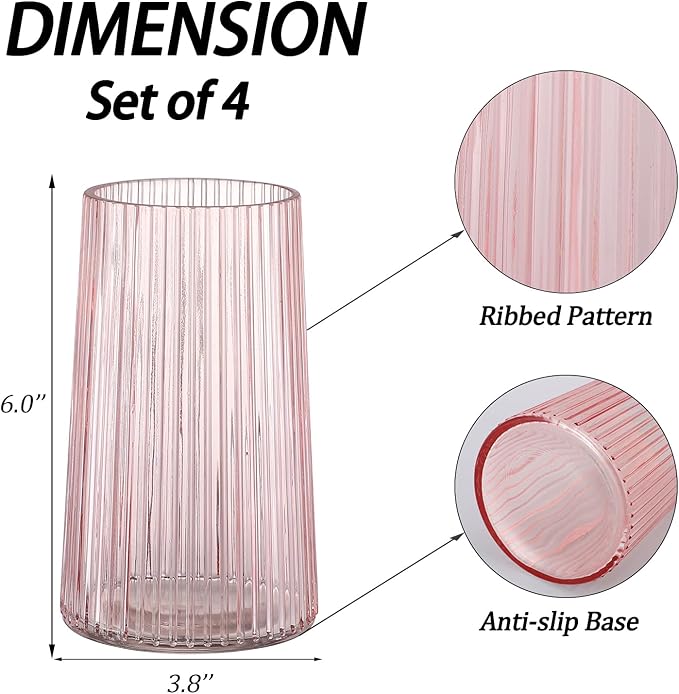 Pink Glass Vases Set of 4, Small Vases for Flowers, Flower Vase for Bouquet, Modern Ribbed Glass Vase for Living Room, Bedroom, Dining Table, Office, Wedding, Centerpieces