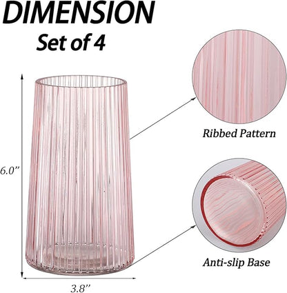 Pink Glass Vases Set of 4, Small Vases for Flowers, Flower Vase for Bouquet, Modern Ribbed Glass Vase for Living Room, Bedroom, Dining Table, Office, Wedding, Centerpieces