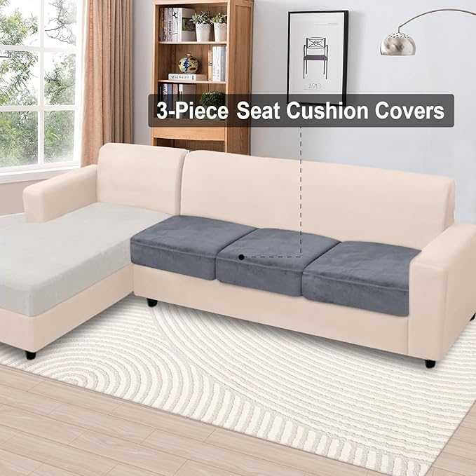 NAISI Couch Cushion Covers 3 Pieces Velvet Stretch Sofa Seat Covers or Backrest Covers Soft Individual Couch Covers for Sectional Sofa(3 Pcs for 3-Seat Cushion,Dark Grey)