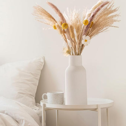 White Ceramic Vases Set of 3 - Modern Matte Ribbed Vases for Pampas Grass & Dried Flowers - Minimalist Decorative Centerpieces for Living Room, Shelf, Entryway & Wedding (Not for Water)