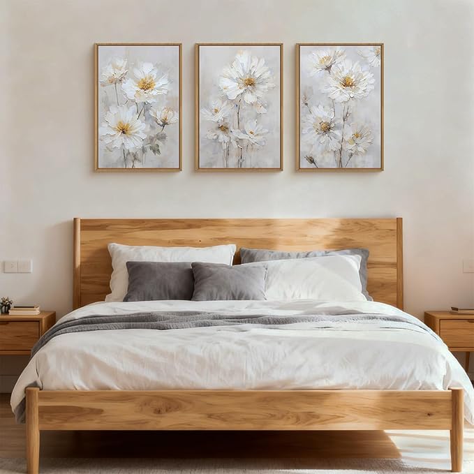 Aryroi Watercolor White Daisy Wildflower Framed Canvas Wall Art Set,Modern Natural Beige Floral Wall Decor,Minimalist Dreamy Flower Botanical Artwork For Living Room, Bedroom,Farmhouse-24 x36 x3