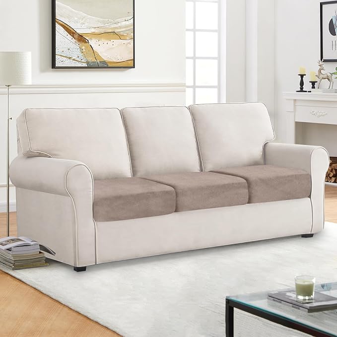 Couch Cushion Cover Velvet 3 Pieces Seat Cushion Cover Stretch Sofa Covers Separate Sectional Sofa Slipcovers Furniture Protector (3-Seater or Backrest, Tan)