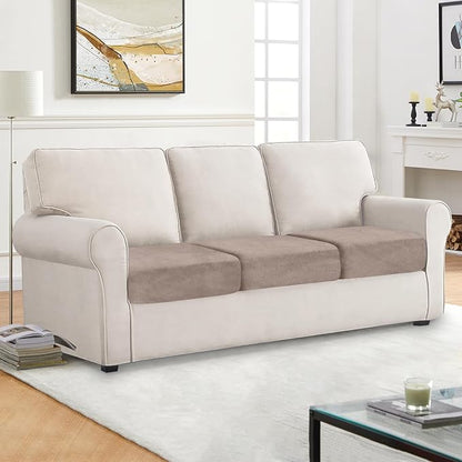 Couch Cushion Cover Velvet 3 Pieces Seat Cushion Cover Stretch Sofa Covers Separate Sectional Sofa Slipcovers Furniture Protector (3-Seater or Backrest, Tan)