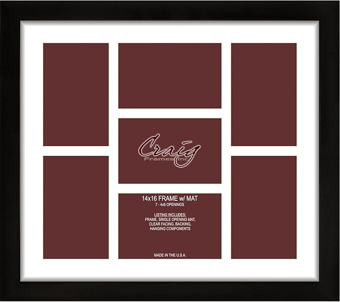 Craig Frames 14x16 Picture Frame - Black Contemporary Style 1WB3BK, 1 inch Wood Composite Moulding, Smooth Wrap Finish, Acrylic, White Collage Mat with 7 Openings - Wall Display for 4x6 Photos