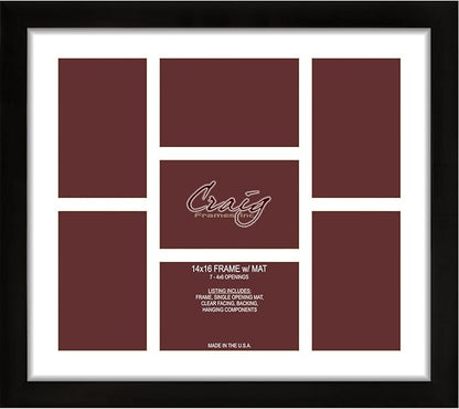 Craig Frames 14x16 Picture Frame - Black Contemporary Style 1WB3BK, 1 inch Wood Composite Moulding, Smooth Wrap Finish, Acrylic, White Collage Mat with 7 Openings - Wall Display for 4x6 Photos