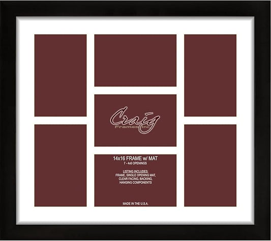 Craig Frames 14x16 Picture Frame - Black Contemporary Style 1WB3BK, 1 inch Wood Composite Moulding, Smooth Wrap Finish, Acrylic, White Collage Mat with 7 Openings - Wall Display for 4x6 Photos