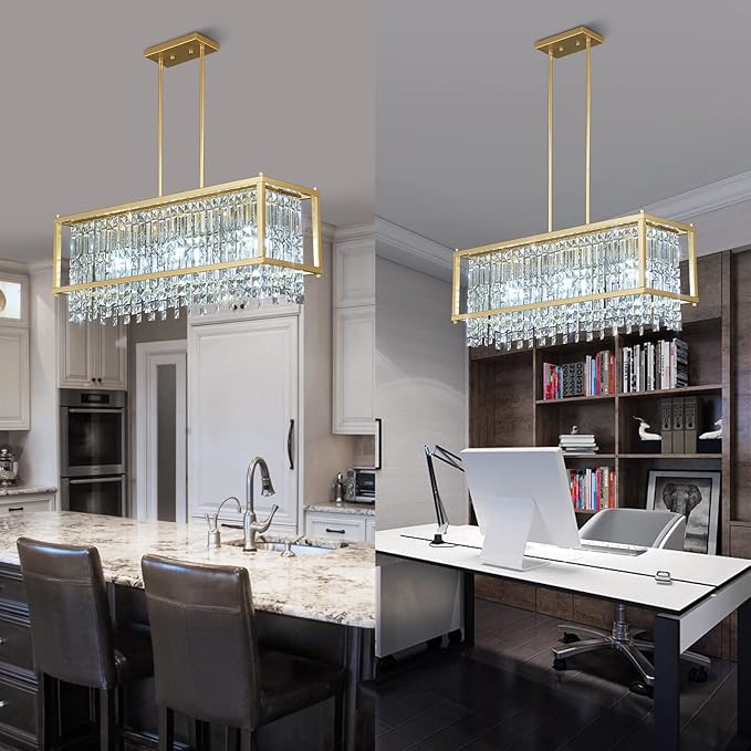 LMQNINE Modern Rectangle Chandelier for Dining Room, Gold Crystal Chandelier Linear Light Fixture, Farmhouse Chandeliers for Kitchen Island, Bar Table, L30.7'' x W9.84'' x H8.66''