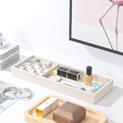 2Pcs Desk Drawer Storage Tray, Nightstand Organizer, Necklace Bracelet Ring Earring Jewelry Display, Grid Table Organizer Holder for Sunglass, Phone, Watch, Perfume (2 grid)/Beige