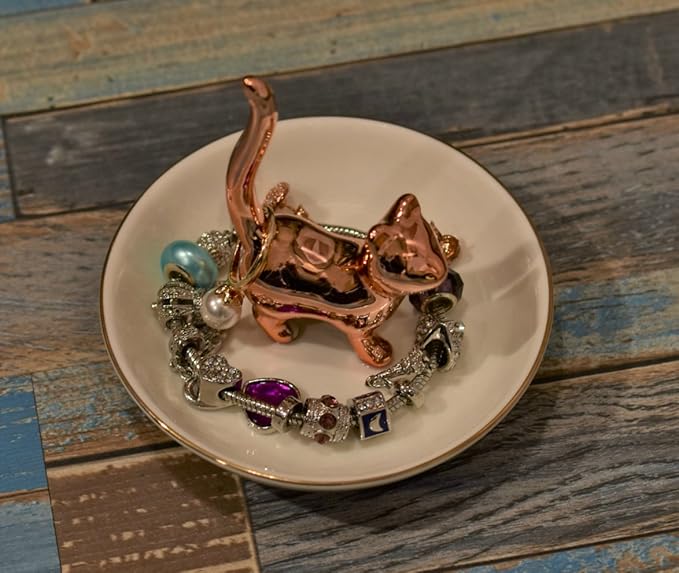 Cat Ring Holder Trinket Tray Ceramic Jewelry Dish Porcelain Ring Organizer Gift for Women, Girlfriend or Valentine's Day (Rose gold-2)