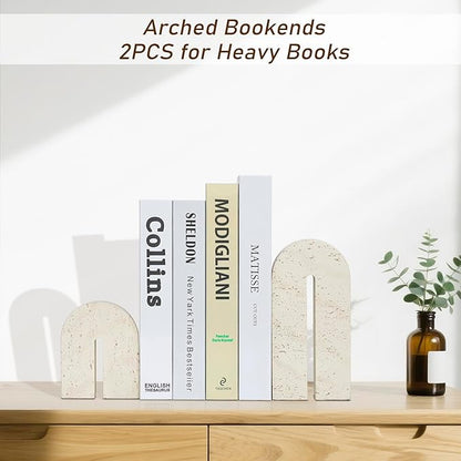 Book Ends for Shelves, Resin Heavy Duty Decorative Bookends, Retro Arch Book Holder for Heavy Books, Imitation Travertine Book Stopper for Home Decor, Study, Bookshelf, Desktop, Set of Two