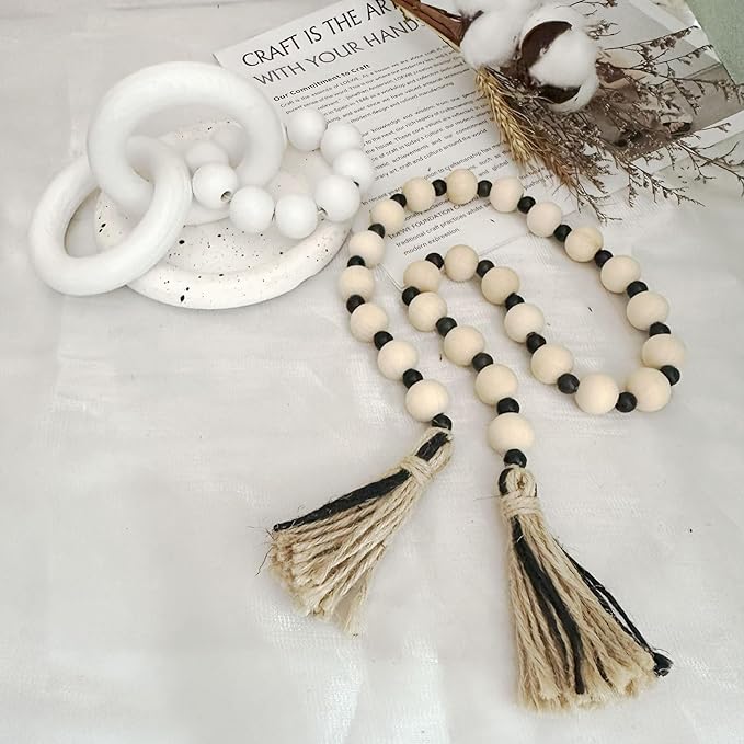 2 pcs Decorative Wood Knot Link Chain and Bead Decor, White Wooden Knot Decor for Coffee Table Farmhouse Decortive for Home Boho Modern Shelf Decortion(White)