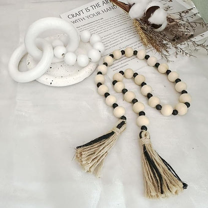 2 pcs Decorative Wood Knot Link Chain and Bead Decor, White Wooden Knot Decor for Coffee Table Farmhouse Decortive for Home Boho Modern Shelf Decortion(White)