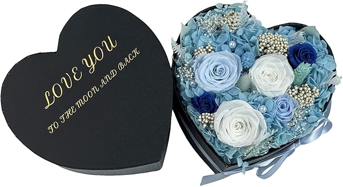 Preserved Roses Heart Shape Box Valentines Day Gifts for Her Mothers Day Forever Flowers (Multicolor-Blue, One Size)