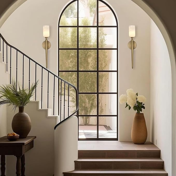 Alabaster Wall Sconce 22in Antique Brass Sconces Wall Lighting, Imported in Spain Natural Alabaster, Bathroom Sconce Gold Sconces Wall Decor, For Living Room dining room Hallway Bedside Staircase