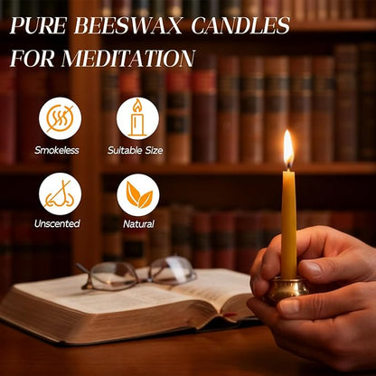 12 Packs Mini Beeswax Taper Candles, 20-30 Minute Meditation Candles with Brass Candle Holders, Dripless Mini Beeswax Prayer Candles Gift for Yoga Relaxation (12)