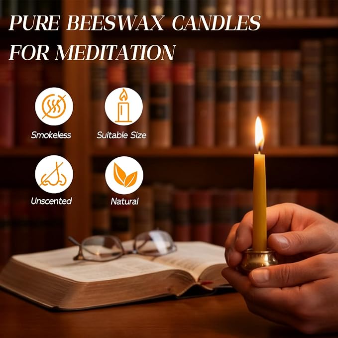 40Pcs 30 Minute Meditation Candles Beeswax Candles, Dripless Mini Beeswax Taper Candles with Brass Candle Holders, Prayer Candle Gift for Yoga Relaxation