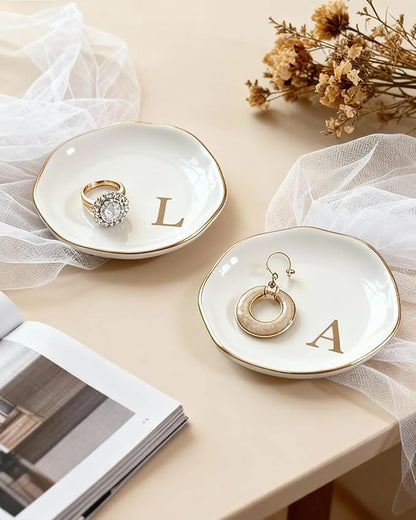 Fmeida Jewelry Tray Ring Dish for Women, Initials Ceramic Jewelry Dish, Personalized Aesthetic Decorative Birthday Valentines Mother's Day Christmas Gifts, 4.5", Rose Gold L