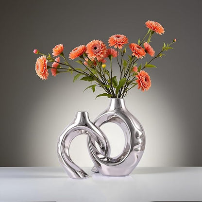 LCCCK Gold Ceramic Vases for Home Decor, Boho Vase for Flowers Pampas Grass Decorative, Hollow Donut Small Vase for Living Room Table Wedding Centerpiece Modern Vases (Silver)