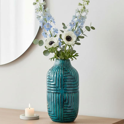 hjn Teal Hand-Glazed Ceramic Vase - 10.6" H Modern Decorative Centerpiece Vase for Fresh/Dried Flowers, Home Decor for Living Room Bookshelf Mantel | Wedding Housewarming Gift