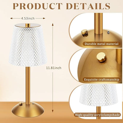 Liliful 2 Pcs Cordless Table Lamp Rechargeable Touch LED Small Gold Portable Battery Operated USB-c Desk Lamp 3 Color Dimmable for Bedroom Living Room Dining (Gold,Crystal Cut Style)