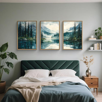 HLNIUC Green Foggy Forest Mountain Wall Art Framed,Large Boho Watercolor Pine Tree Wall Decor set of 3 (24"x36"), Nature Dark Lake Landscape Scenery Canvas Painting for Living Room, Bedroom, Office