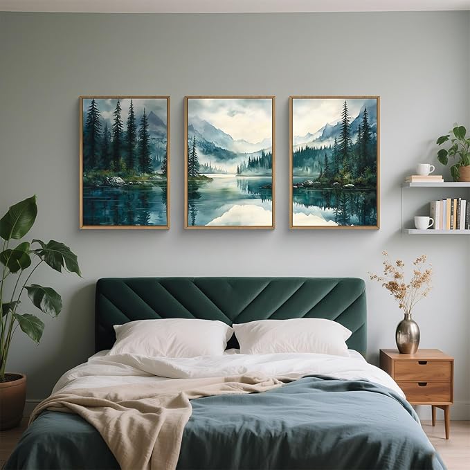 HLNIUC Green Foggy Forest Mountain Wall Art Framed,Large Boho Watercolor Pine Tree Wall Decor set of 3 (16"x24"), Nature Dark Lake Landscape Scenery Canvas Painting for Living Room, Bedroom, Office
