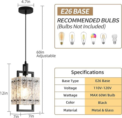 Black Pendant Light Fixtures Modern Pendant Lights Kitchen Island Water Ripple Glass Square Pendant Light Adjustable Hanging Pendant Lighting for Kitchen Dining Room Over Island 1 Pack