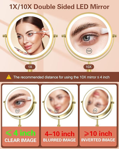 Benbilry Lighted Makeup Mirror with 3 Color Lights & 10X Magnification, Adjustable Brightness & Height, 7 Inch 360° Swivel Rechargeable 10X LED Magnifying Vanity Mirror with Light, Gold