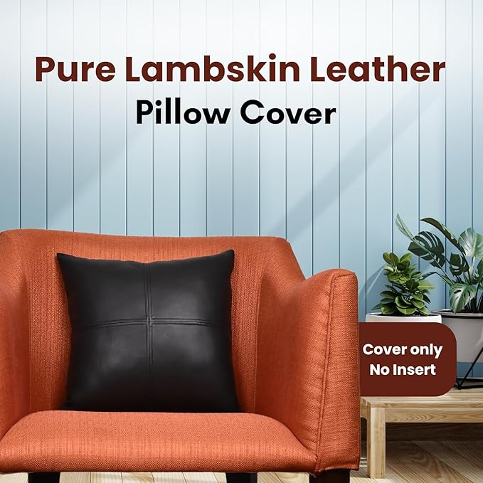LL LEATHER LOVERS Lambskin Leather Pillow Cover, Hand Panel Stitched Leather Decorative Throw Pillow Covers for Couch Sofa Bed Living Room Garden (16x16 Inches, Black Pack of 1)