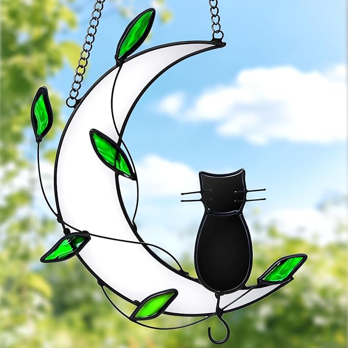 Stained Glass Window Hanging Suncatcher, IDEA SHOW Cat Loss Sympathy Gift, Real Glass Window Hanging Ornament, Handcrafted Home Decor Memorial Gift for Lover Cat Loss