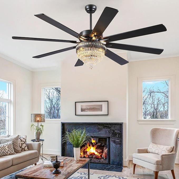 Asyko Crystal Ceiling Fan Fandelier with Lights - Modern Outdoor Fans with Remote Control,Noiseless DC Motor, Retro/Farmhouse Lighting, Dining Room,Living Room (72"