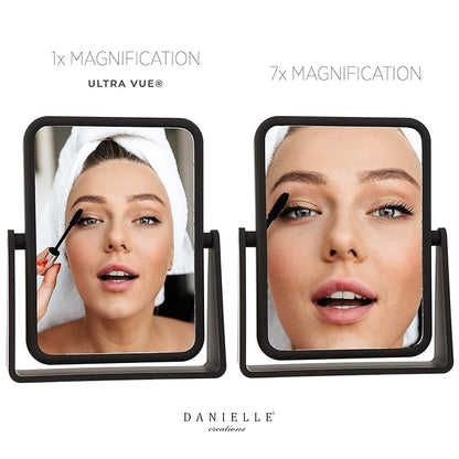 Danielle Creations Rectangle Soft Touch Vanity Mirror, Black, 1x/7x Magnifying Makeup Mirror with Stand, Portable Tabletop Bathroom or Desk Mirror